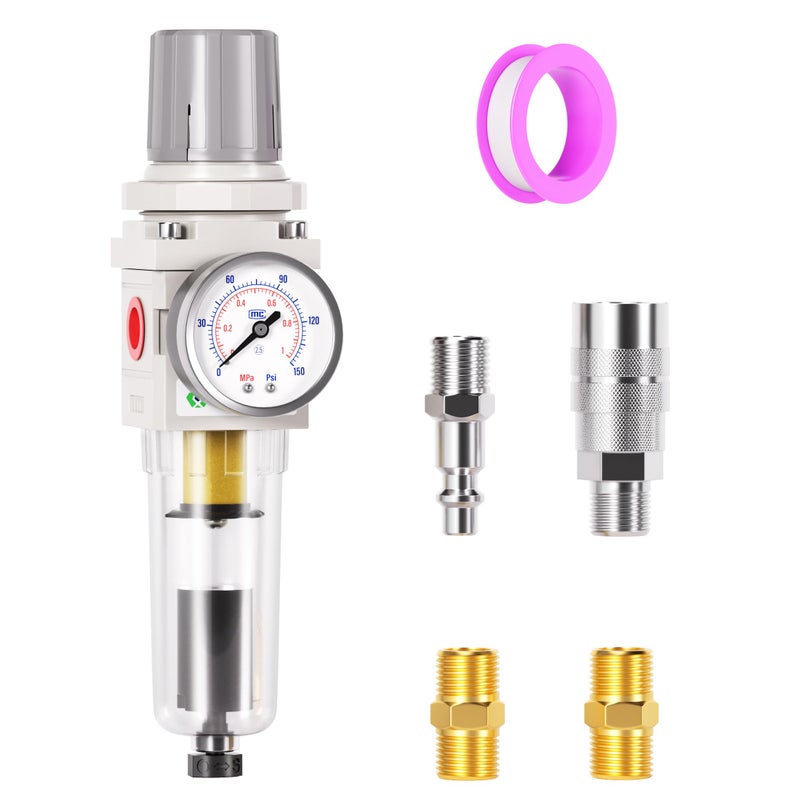 TAILONZ PNEUMATIC 1/4 Inch NPT Automatic Drain Air Filter Pressure Regulator Combo Piggyback, Air Tool Compressor Filter with Gauge AW2000-02D - Image 1
